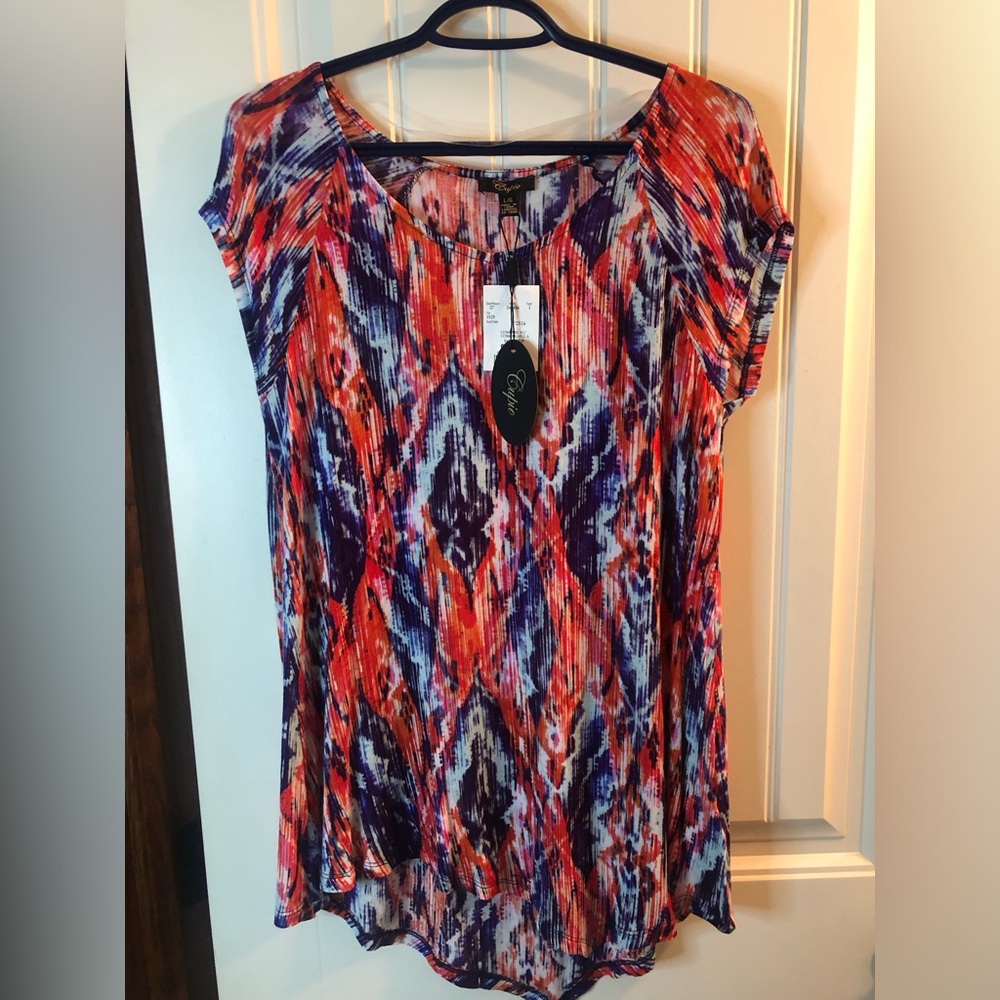 Cupio Multicolor Scoop Neck Short Sleeve Tunic - Orange, Purple, White
